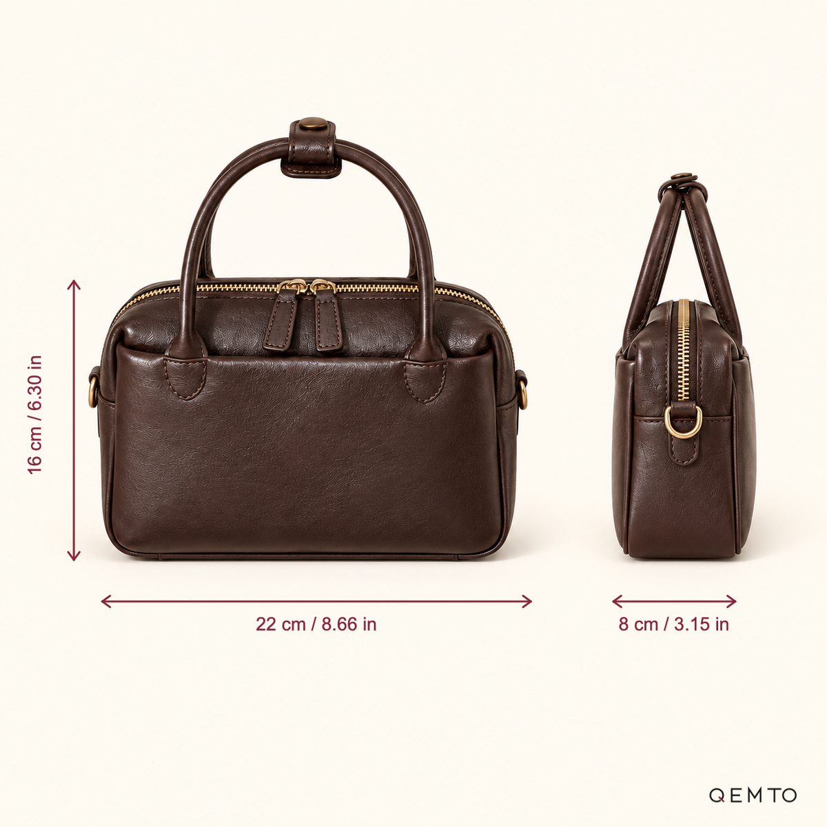 QEMTO Talia Boston Bag dimensions - 22 x 8 x 16 cm