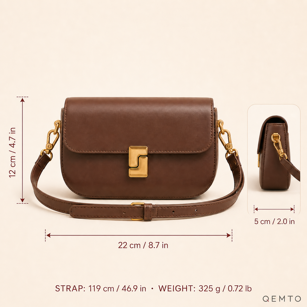 QEMTO Livia size guide: 22 x 12 x 5 cm bag with 119 cm adjustable strap, 325 g
