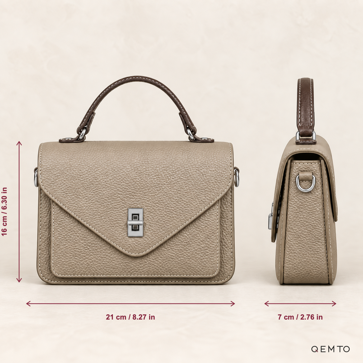 QEMTO Maya Envelope Bag dimensions diagram, 21 x 7 x 16 cm