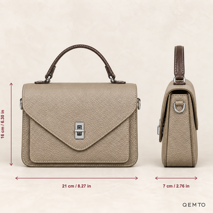 QEMTO Maya Envelope Bag dimensions diagram, 21 x 7 x 16 cm