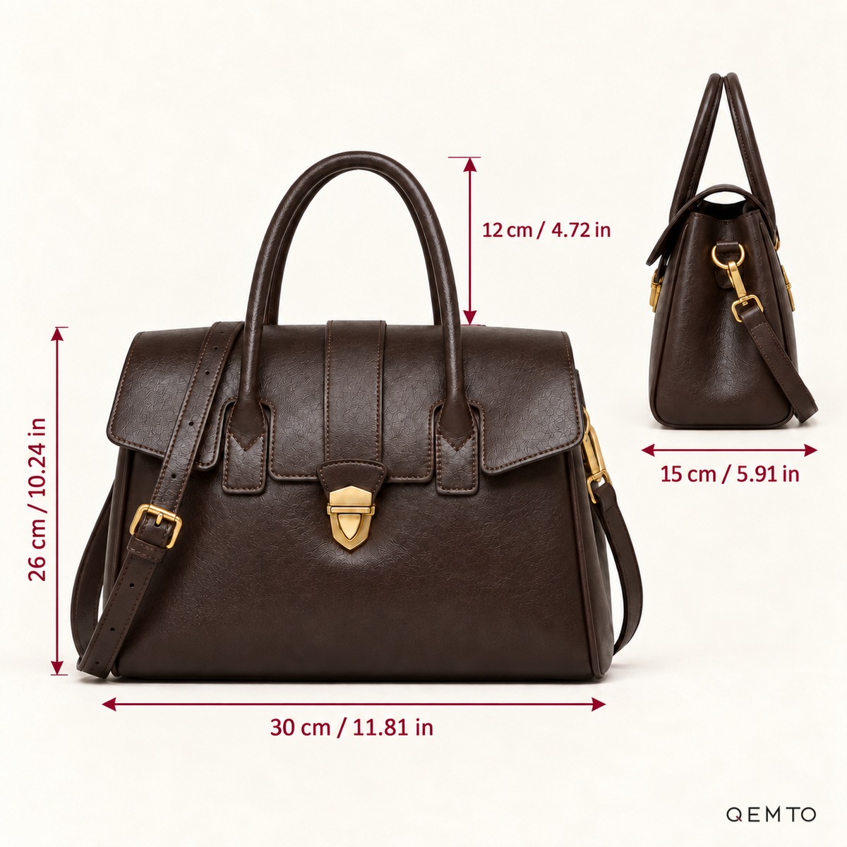 QEMTO Elise Satchel Bag dimensions diagram, 30 x 15 x 26 cm