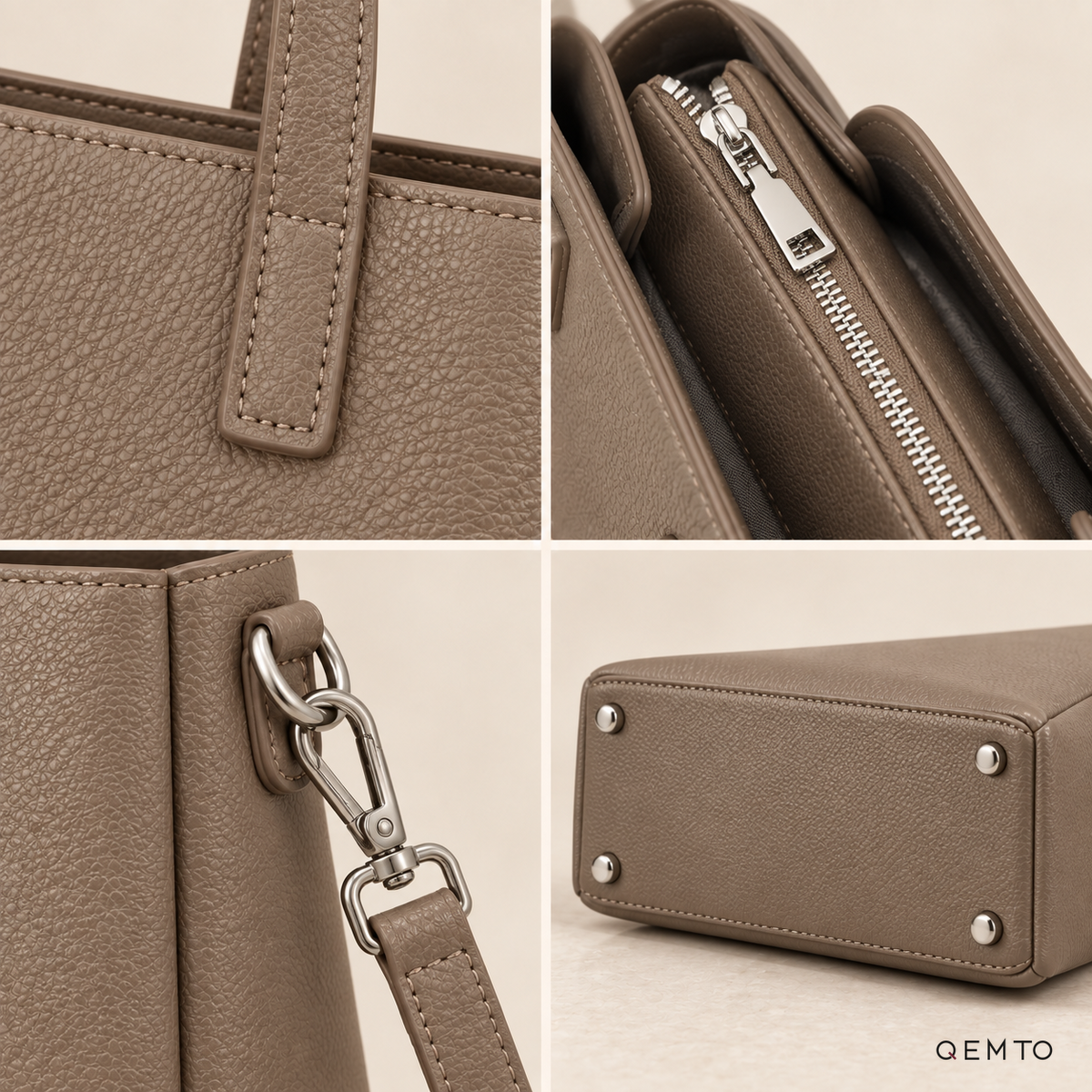 QEMTO Nadia Tote Bag hardware details in Mushroom leather