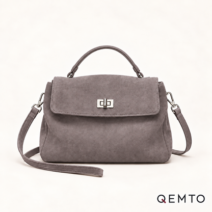 QEMTO Vera Top-Handle Bag in grey suede — front product view