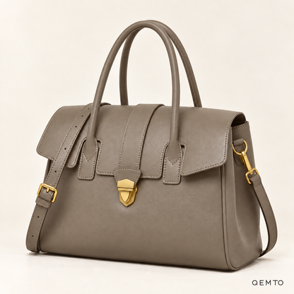QEMTO Elise Satchel Bag in Almond Taupe leather, studio shot