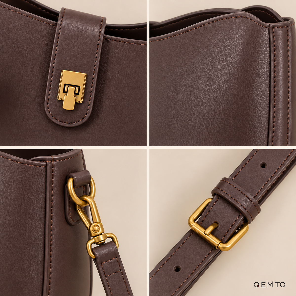 QEMTO Isla Hobo Bag hardware details in Coffee leather