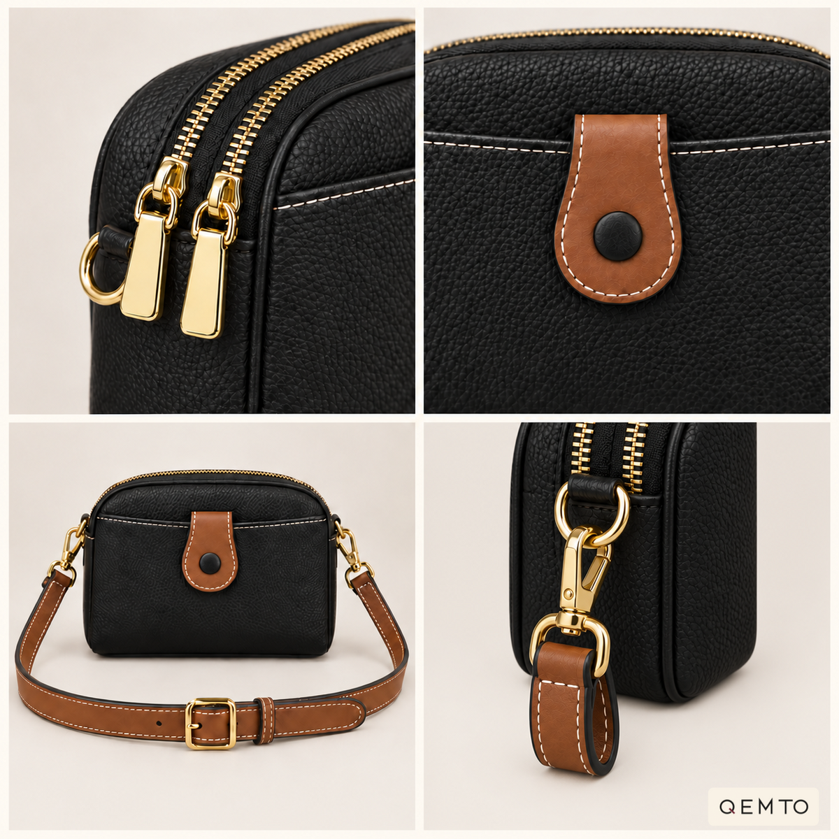 Detail of the QEMTO Ivy Camera Bag gold-tone hardware and leather tab closure