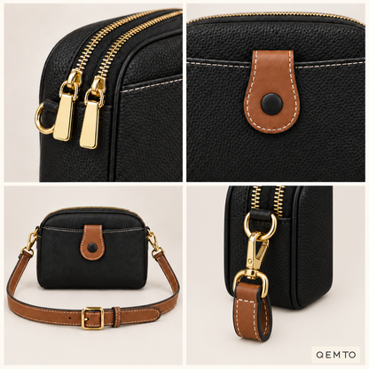 Detail of the QEMTO Ivy Camera Bag gold-tone hardware and leather tab closure