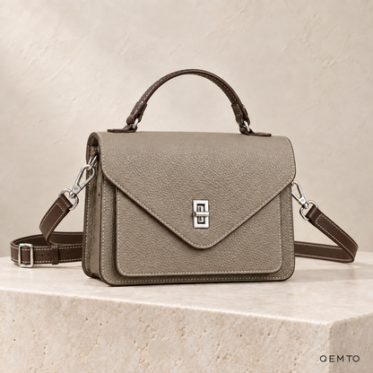 QEMTO Maya Envelope Bag in Grey full-grain cowhide leather, front view