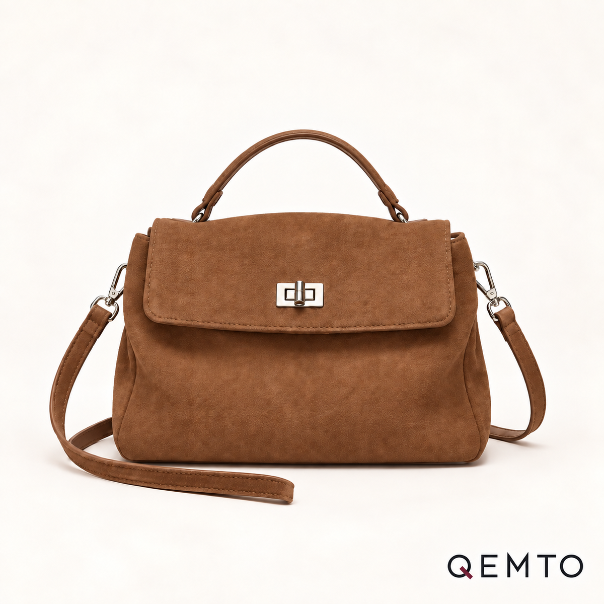 QEMTO Vera Top-Handle Bag in brown suede — front product view