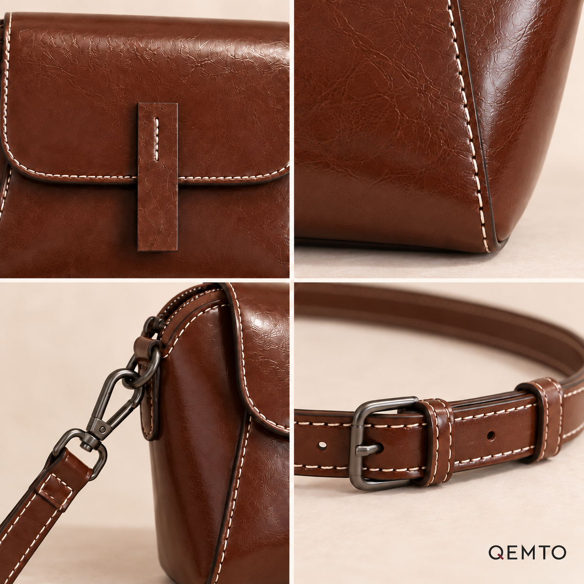 QEMTO Nora Crossbody Bag — hardware, stitching and strap details