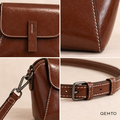 QEMTO Nora Crossbody Bag — hardware, stitching and strap details