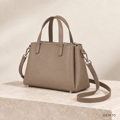 QEMTO Nadia Tote Bag in Mushroom leather, rear three-quarter view