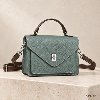 QEMTO Maya Envelope Bag in Green full-grain cowhide leather, front view
