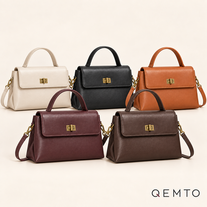 QEMTO Vera Top-Handle Bag leather colors — Beige, Black, Brown, Burgundy and Coffee