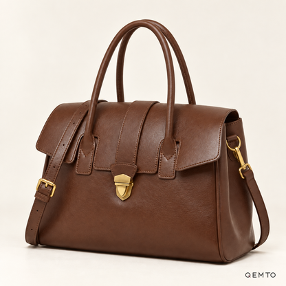 QEMTO Elise Satchel Bag in Retro Brown leather, studio shot