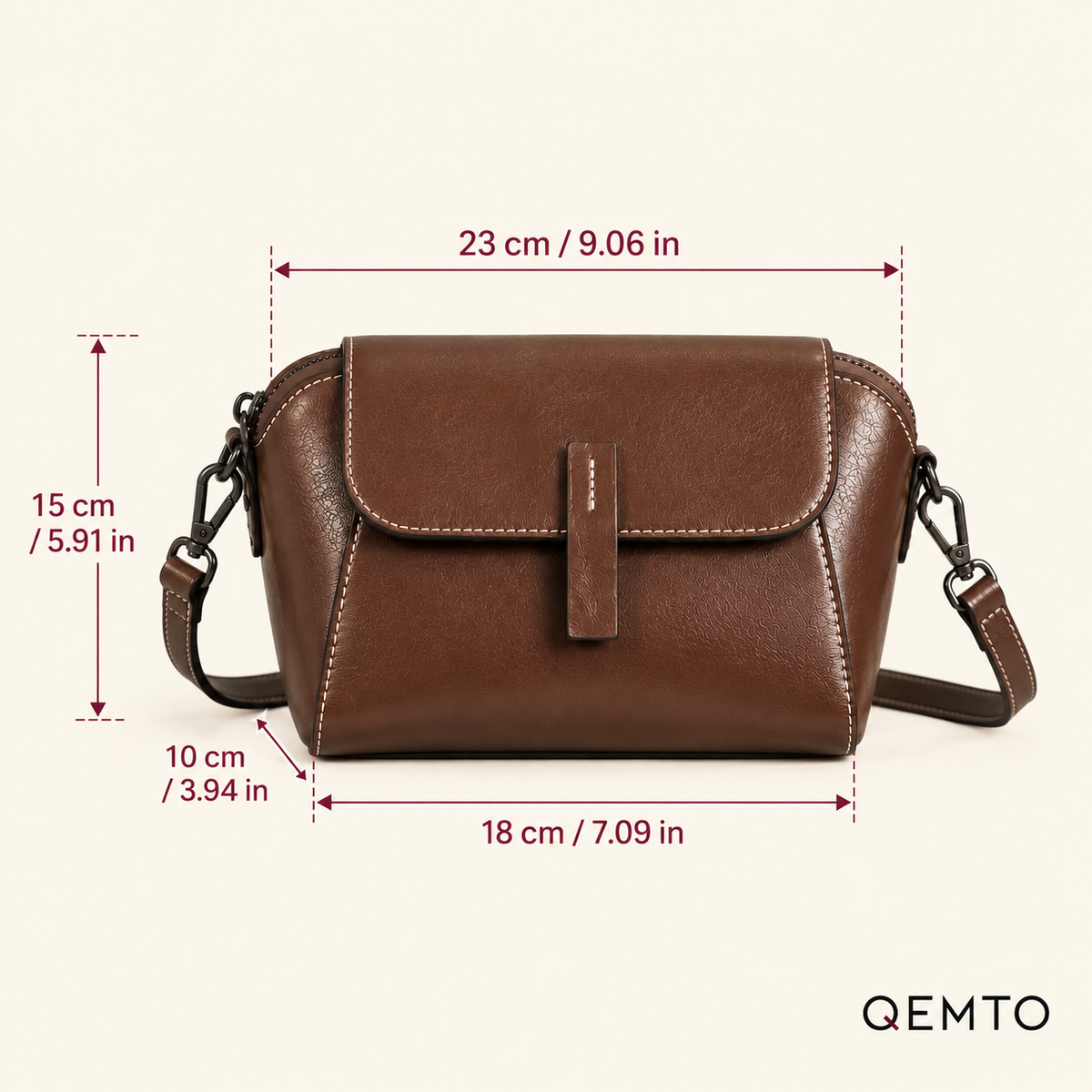 QEMTO Nora Crossbody Bag size guide — 23 x 18 x 15 x 10 cm
