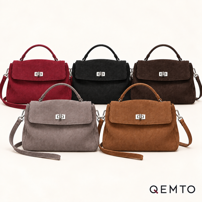 QEMTO Vera Top-Handle Bag suede colors — Red, Black, Coffee, Grey and Brown