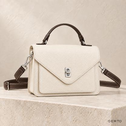 QEMTO Maya Envelope Bag in White full-grain cowhide leather, front view