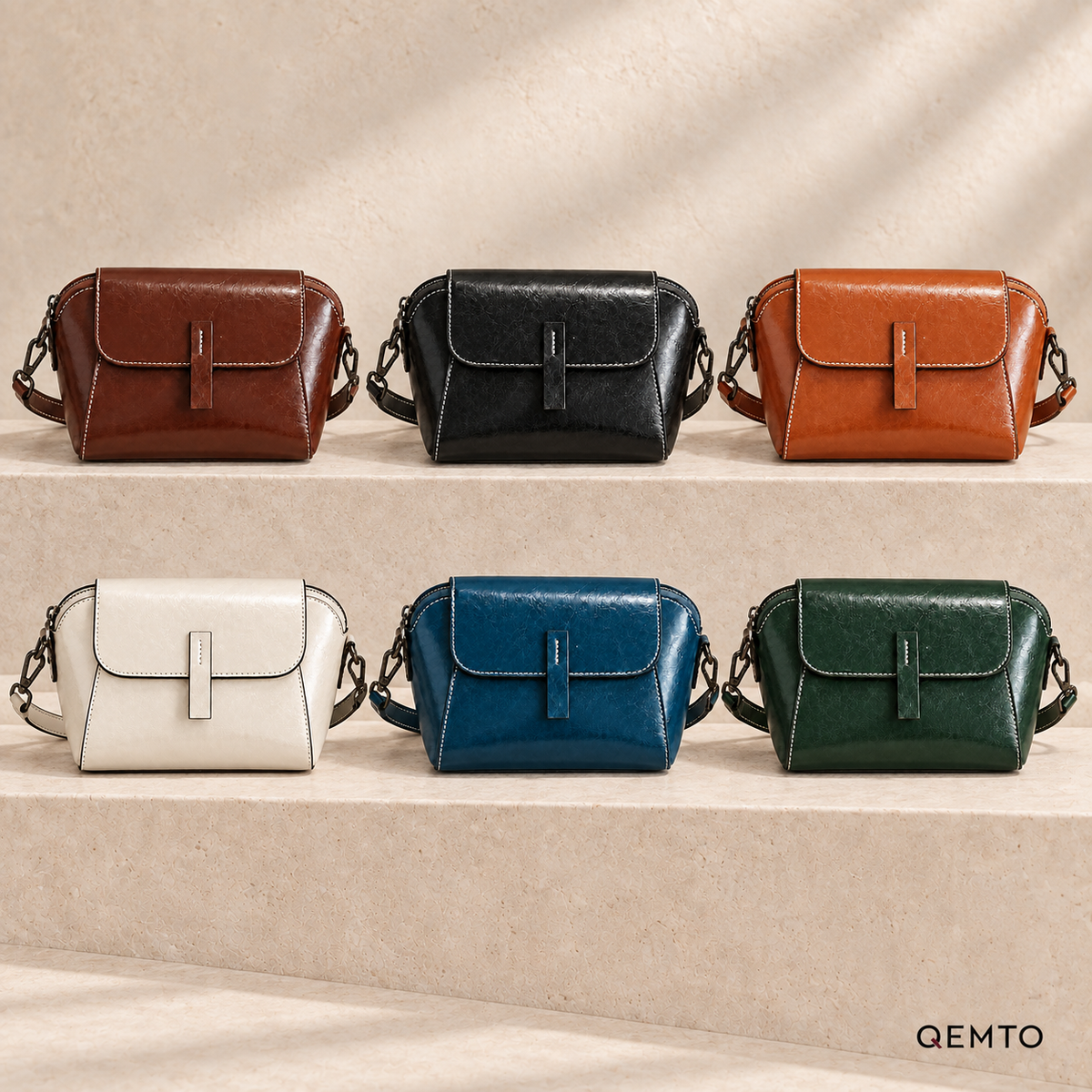 QEMTO Nora Crossbody Bag in Coffee, Brown, White, Blue, Green and Black