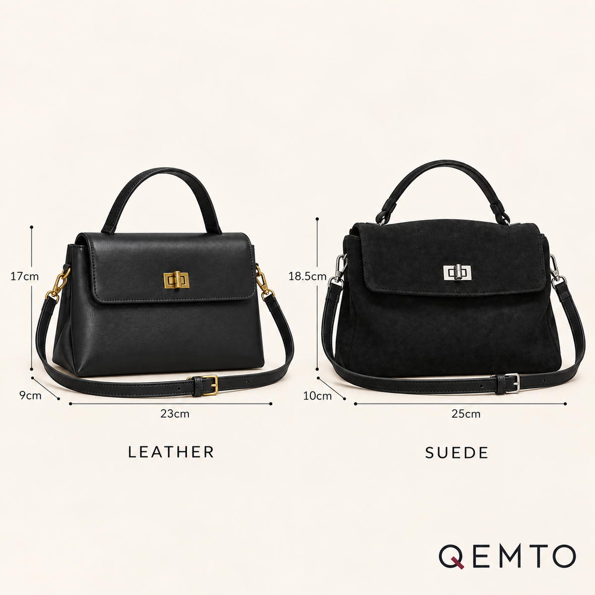 QEMTO Vera Top-Handle Bag — leather and suede size comparison