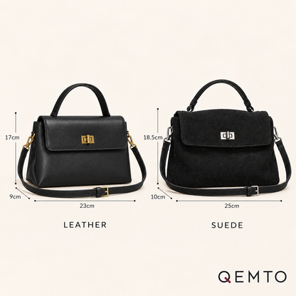 QEMTO Vera Top-Handle Bag — leather and suede size comparison