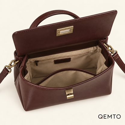 QEMTO Vera Top-Handle Bag leather interior — beige lining with central zippered divider