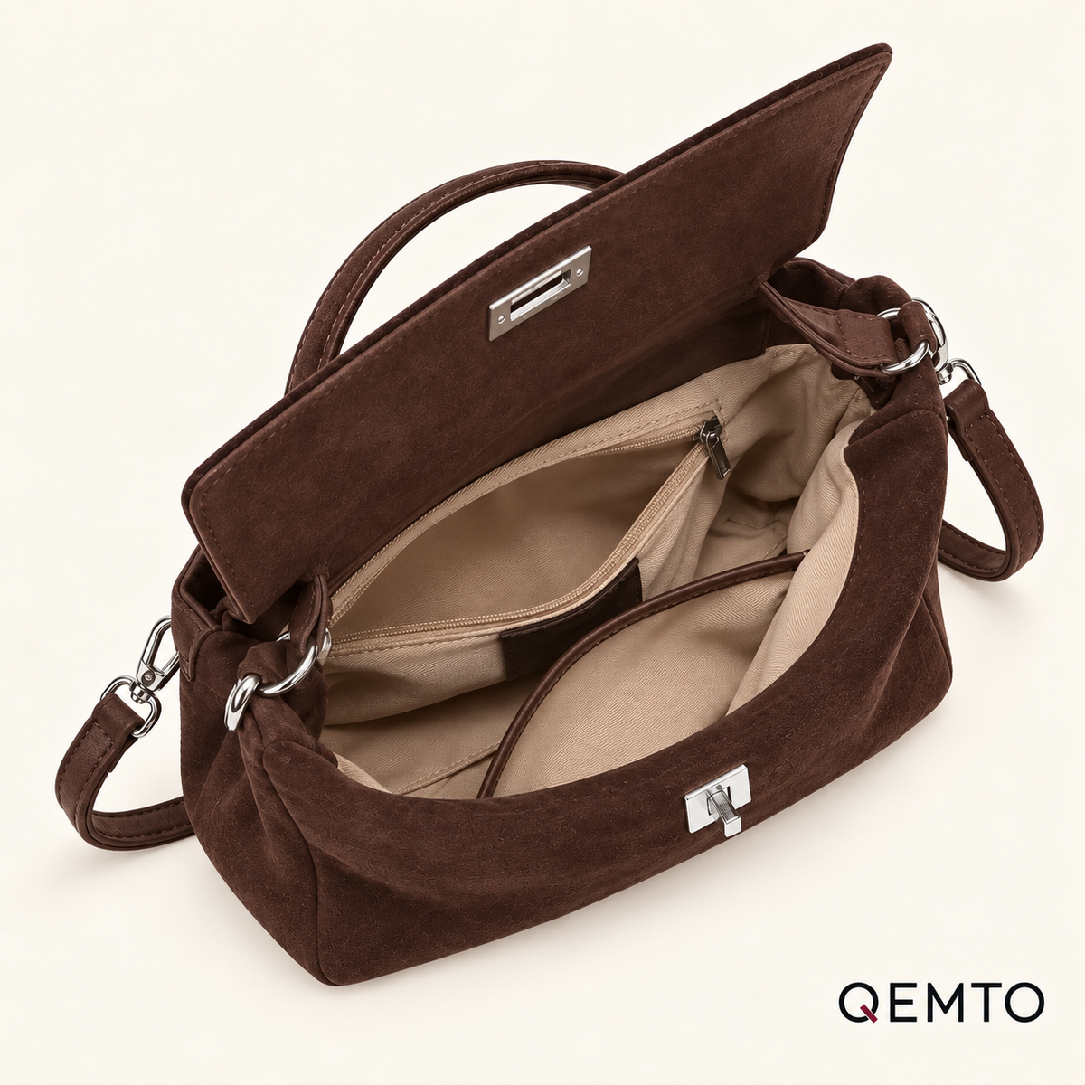QEMTO Vera Top-Handle Bag suede interior — zippered main opening with central divider