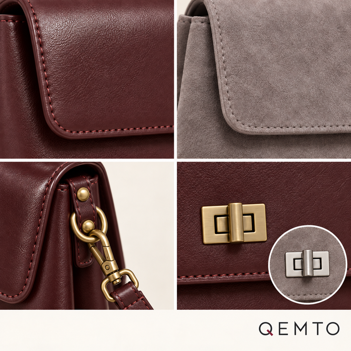 QEMTO Vera Top-Handle Bag details — turn-lock closure, side rivets, D-ring and detachable hook