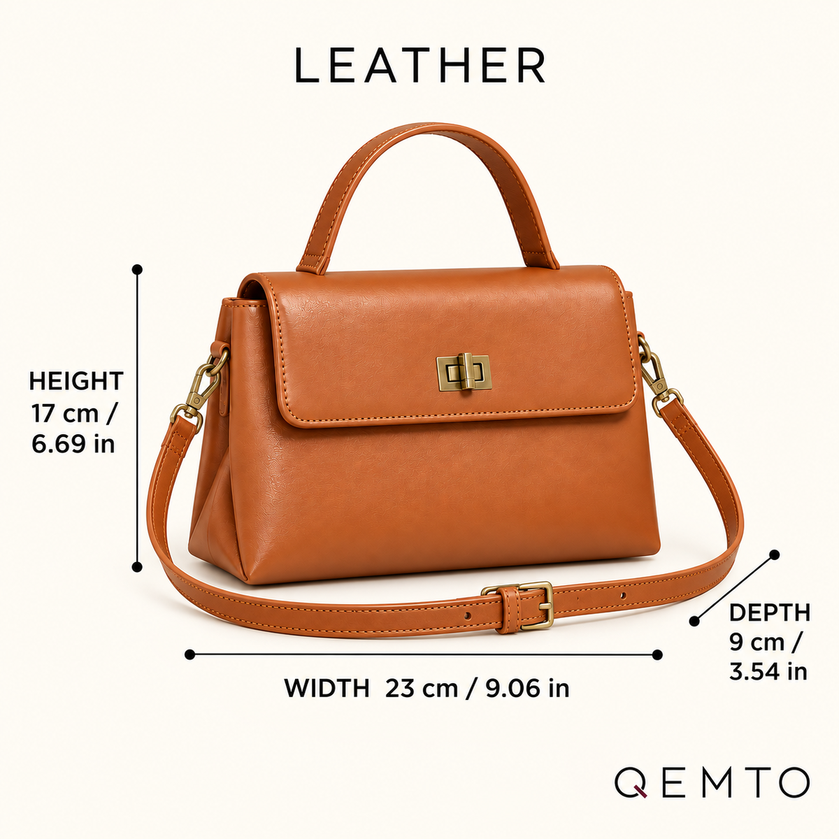 QEMTO Vera Top-Handle Bag leather size guide — 23 x 9 x 17 cm / 9.06 x 3.54 x 6.69 in