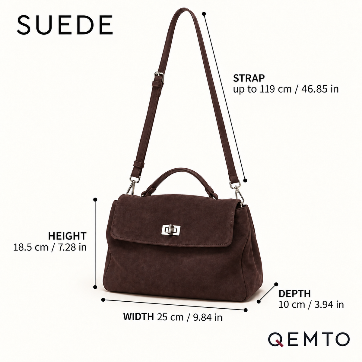 QEMTO Vera Top-Handle Bag suede size guide — 25 x 10 x 18.5 cm / 9.84 x 3.94 x 7.28 in, 119 cm strap