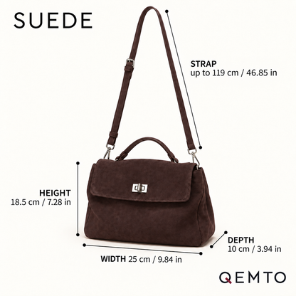 QEMTO Vera Top-Handle Bag suede size guide — 25 x 10 x 18.5 cm / 9.84 x 3.94 x 7.28 in, 119 cm strap