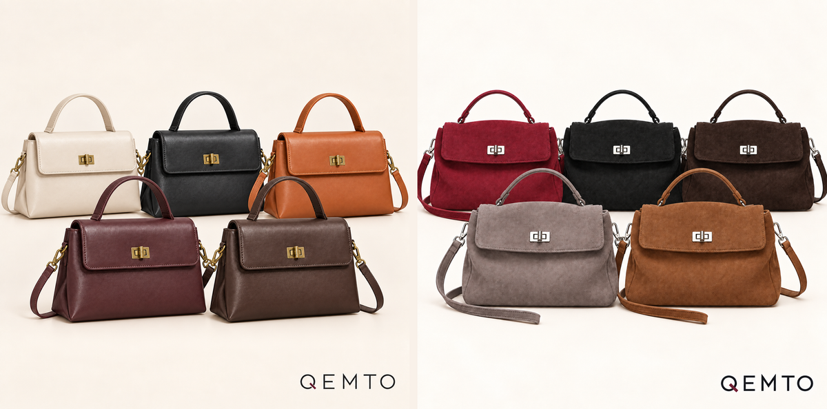 QEMTO Vera Top-Handle Bag — full color lineup in leather and suede, ten colorways