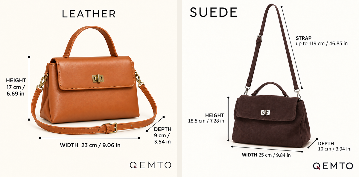 QEMTO Vera Top-Handle Bag dimensions — leather and suede, side by side