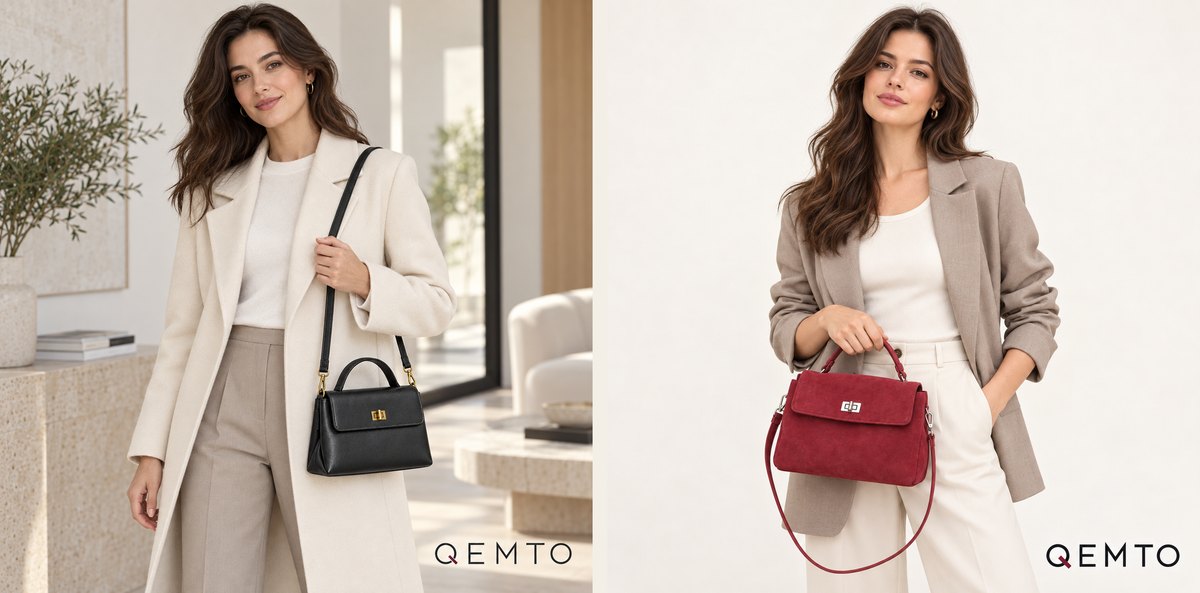 QEMTO Vera Top-Handle Bag lifestyle — black leather and red suede, worn by models
