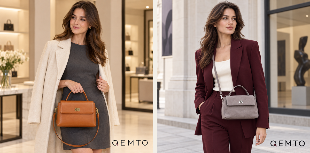 QEMTO Vera Top-Handle Bag lifestyle — brown leather and grey suede, worn by models