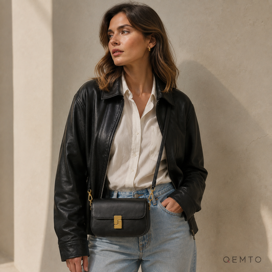 QEMTO Livia black shoulder bag worn crossbody by a fashion model in a warm neutral studio