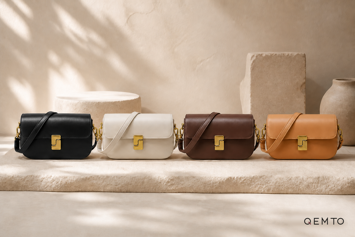 QEMTO Livia shoulder bag color lineup in Black, Ivory, Coffee and Tan with exact official QEMTO logo