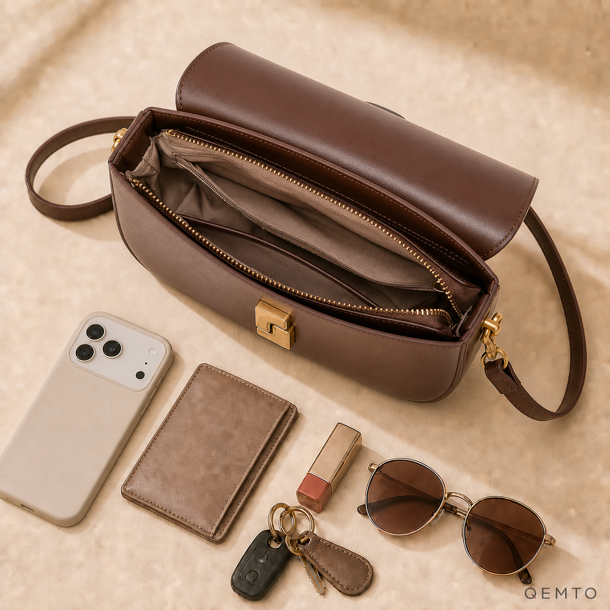 Open QEMTO Livia coffee shoulder bag showing its soft textile lining, hanging zip pocket and welt pocket