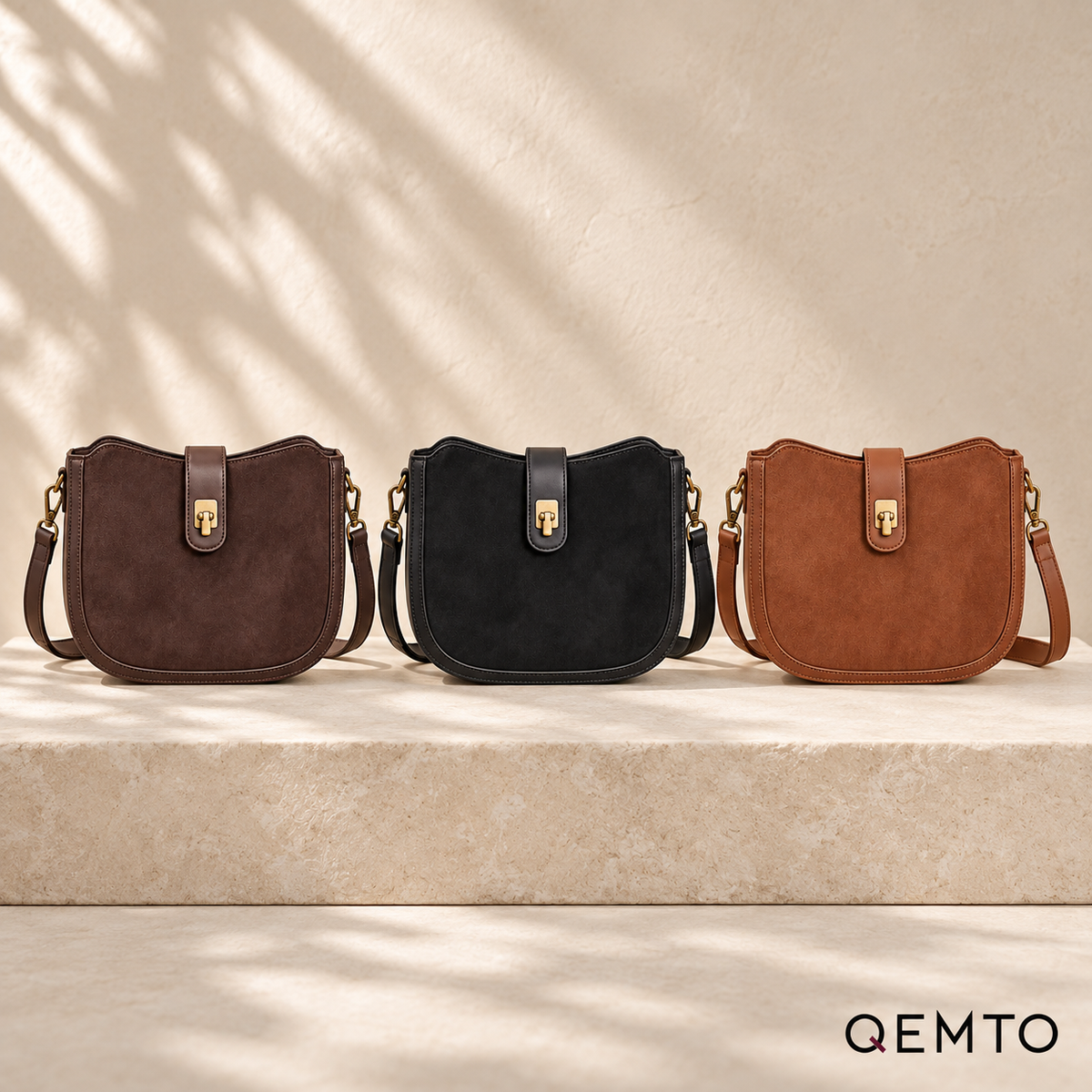 QEMTO Mara Saddle Bag — Coffee, Black and Brown colors