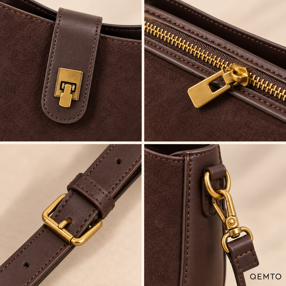 QEMTO Mara Saddle Bag — cowhide, zipper, strap and hardware details