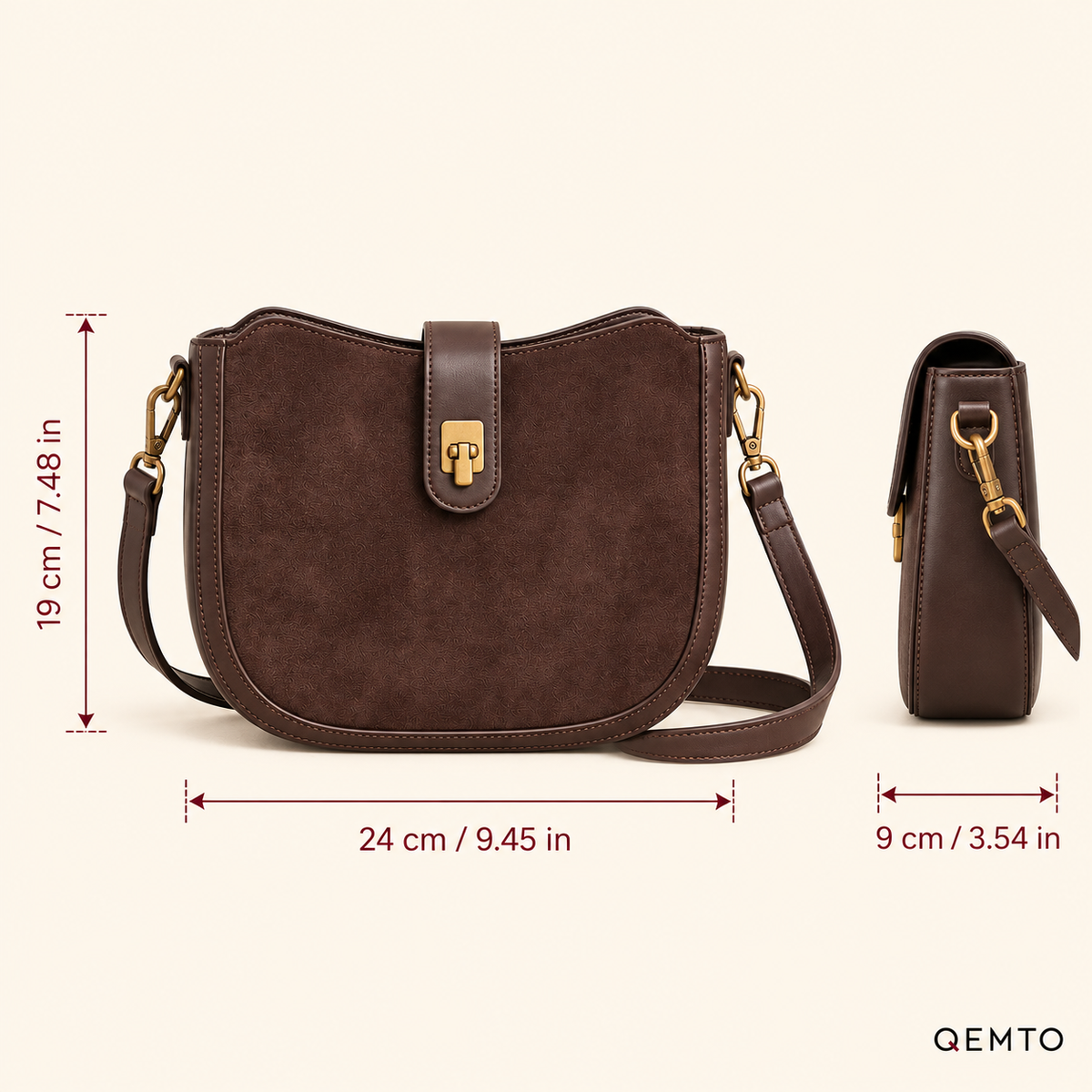 QEMTO Mara Saddle Bag size guide — 24 × 19 × 9 cm