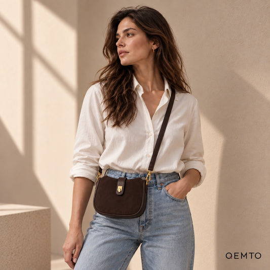 QEMTO Mara Brown Leather Saddle Bag worn crossbody by a model