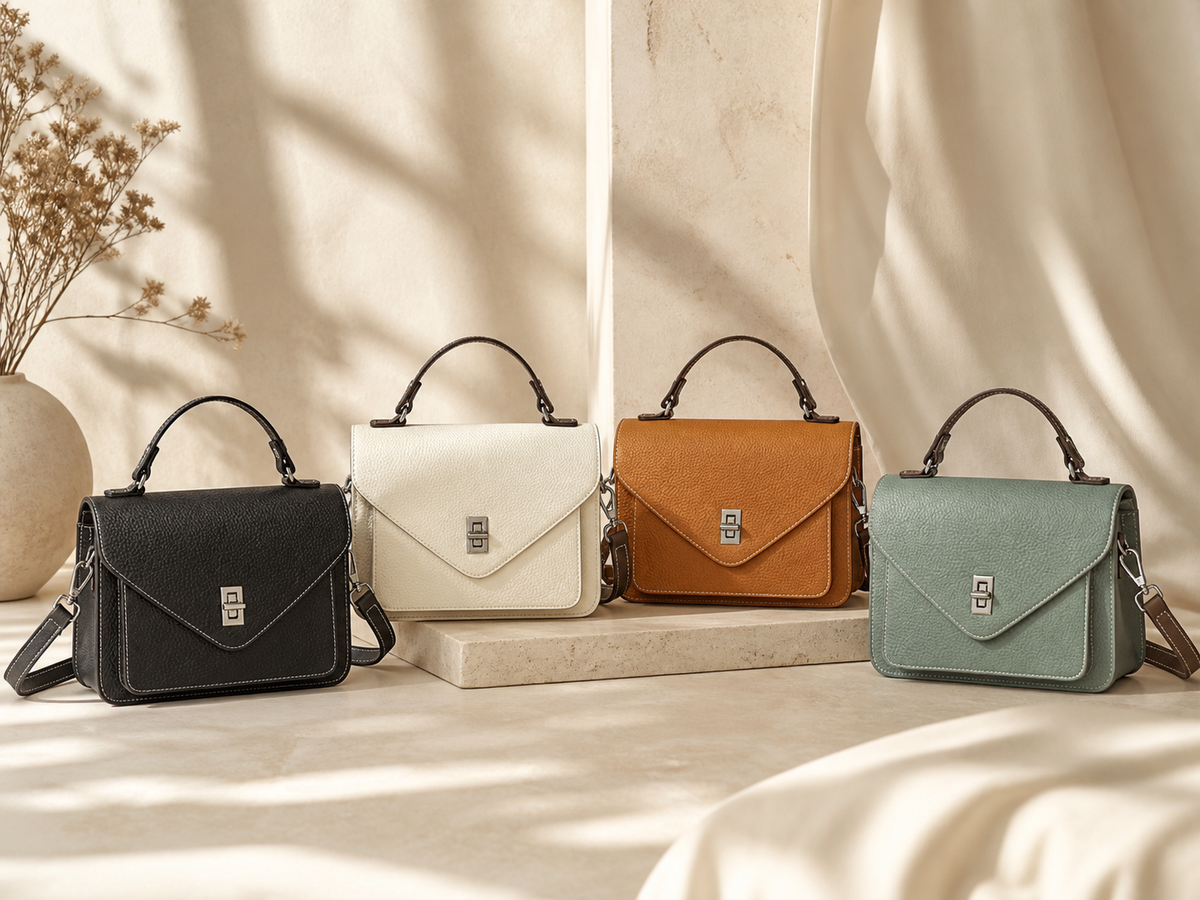 Four QEMTO top-handle bags in black, ivory, tan and sage green lined up on draped fabric